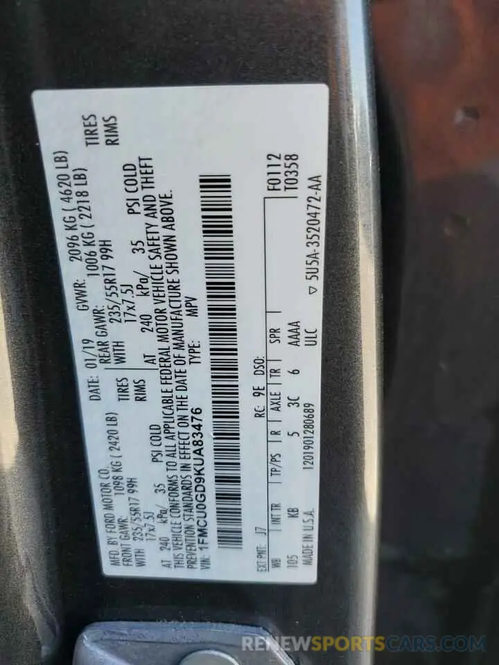 12 Photograph of a damaged car 1FMCU0GD9KUA83476 FORD ESCAPE 2019