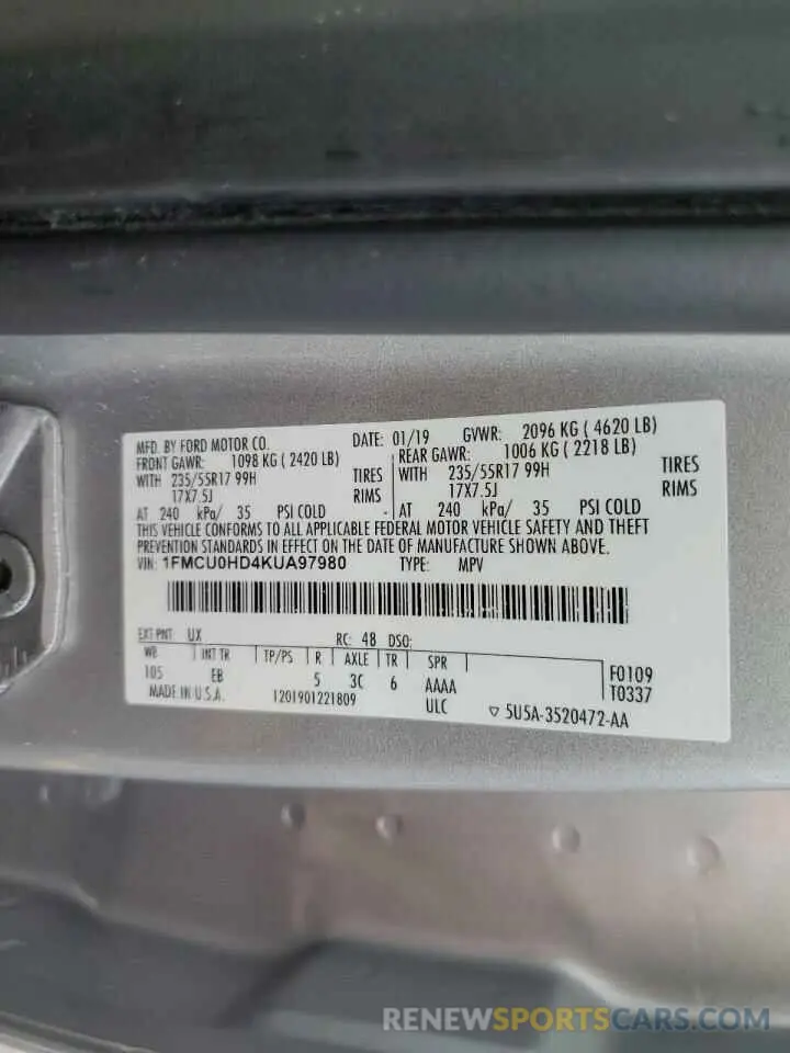 13 Фотография поврежденного автомобиля 1FMCU0HD4KUA97980 FORD ESCAPE 2019