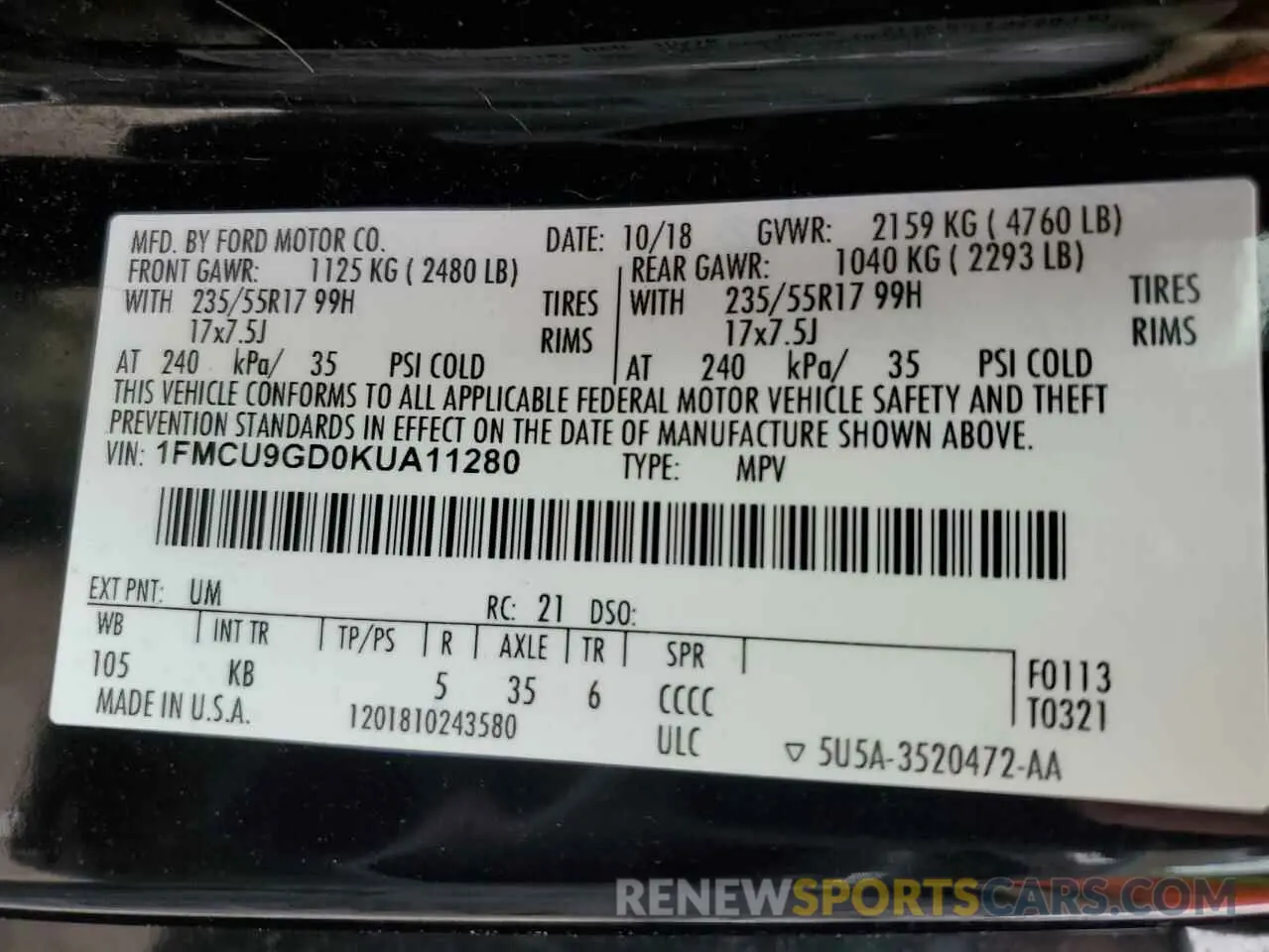 12 Photograph of a damaged car 1FMCU9GD0KUA11280 FORD ESCAPE 2019