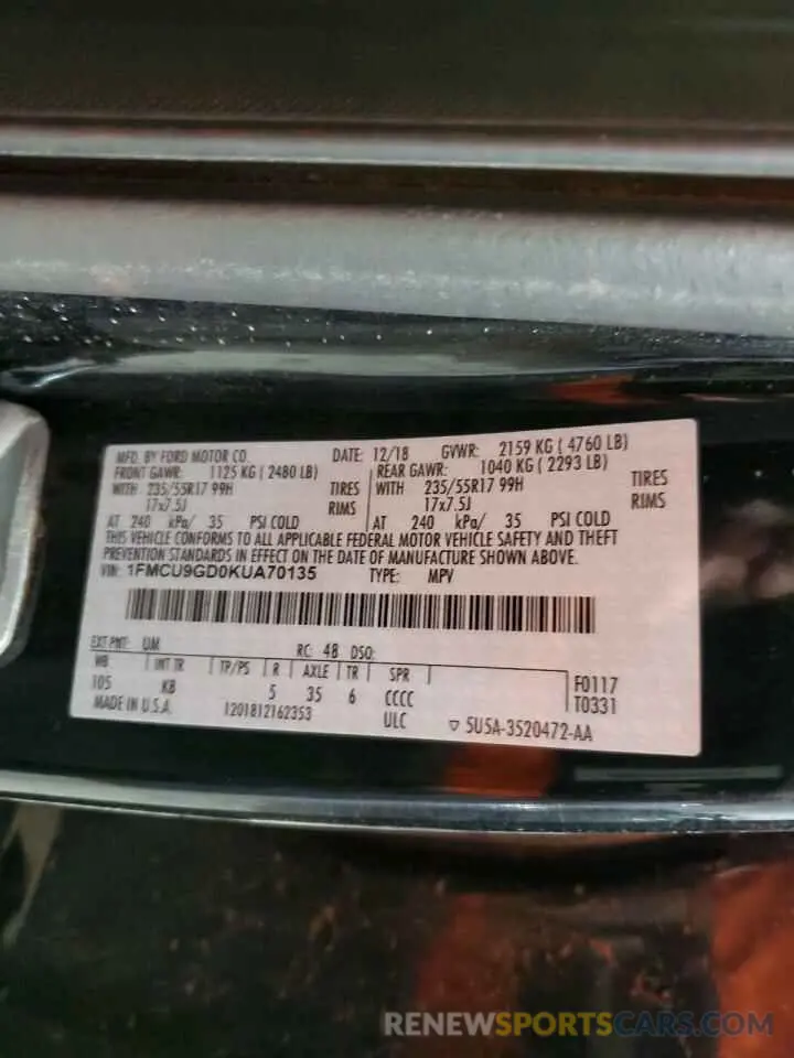 13 Photograph of a damaged car 1FMCU9GD0KUA70135 FORD ESCAPE 2019