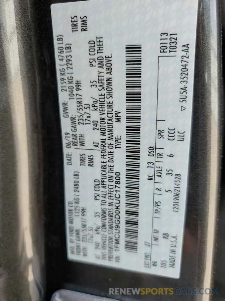 14 Photograph of a damaged car 1FMCU9GD0KUC17800 FORD ESCAPE 2019