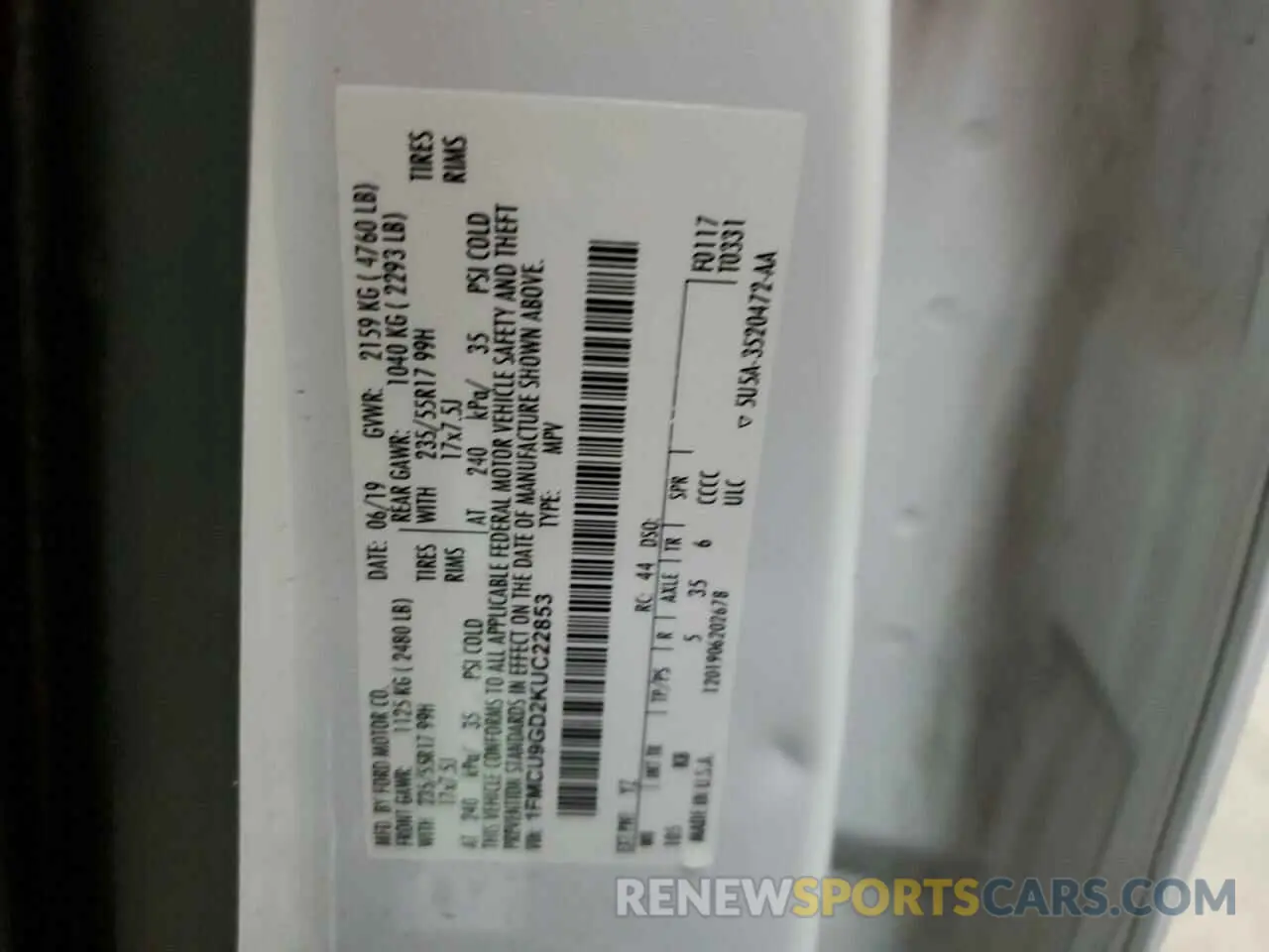 13 Photograph of a damaged car 1FMCU9GD2KUC22853 FORD ESCAPE 2019