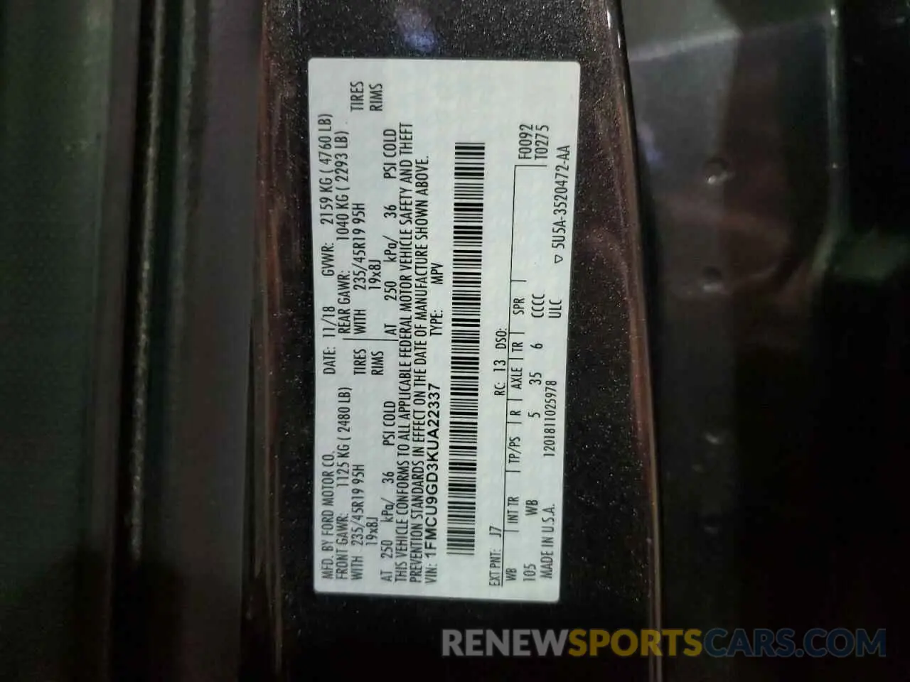 13 Photograph of a damaged car 1FMCU9GD3KUA22337 FORD ESCAPE 2019