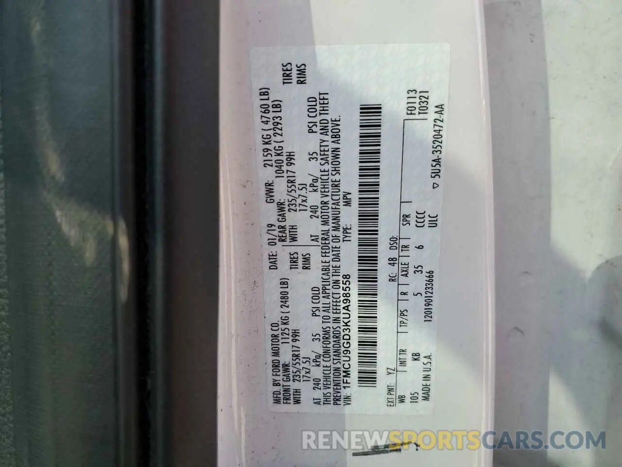 14 Photograph of a damaged car 1FMCU9GD3KUA98558 FORD ESCAPE 2019