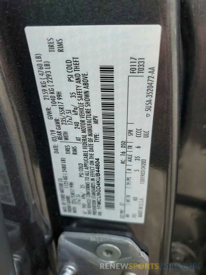 13 Photograph of a damaged car 1FMCU9GD4KUB44804 FORD ESCAPE 2019