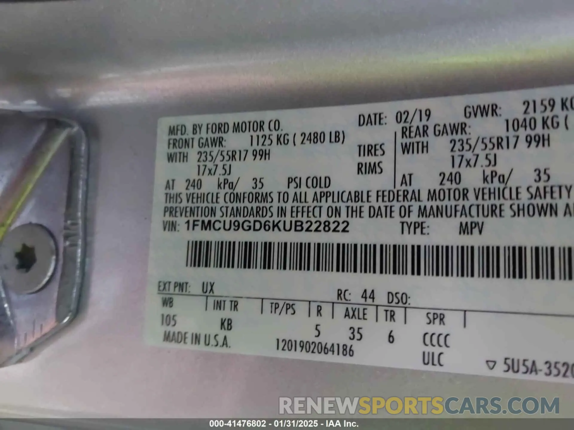 9 Photograph of a damaged car 1FMCU9GD6KUB22822 FORD ESCAPE 2019