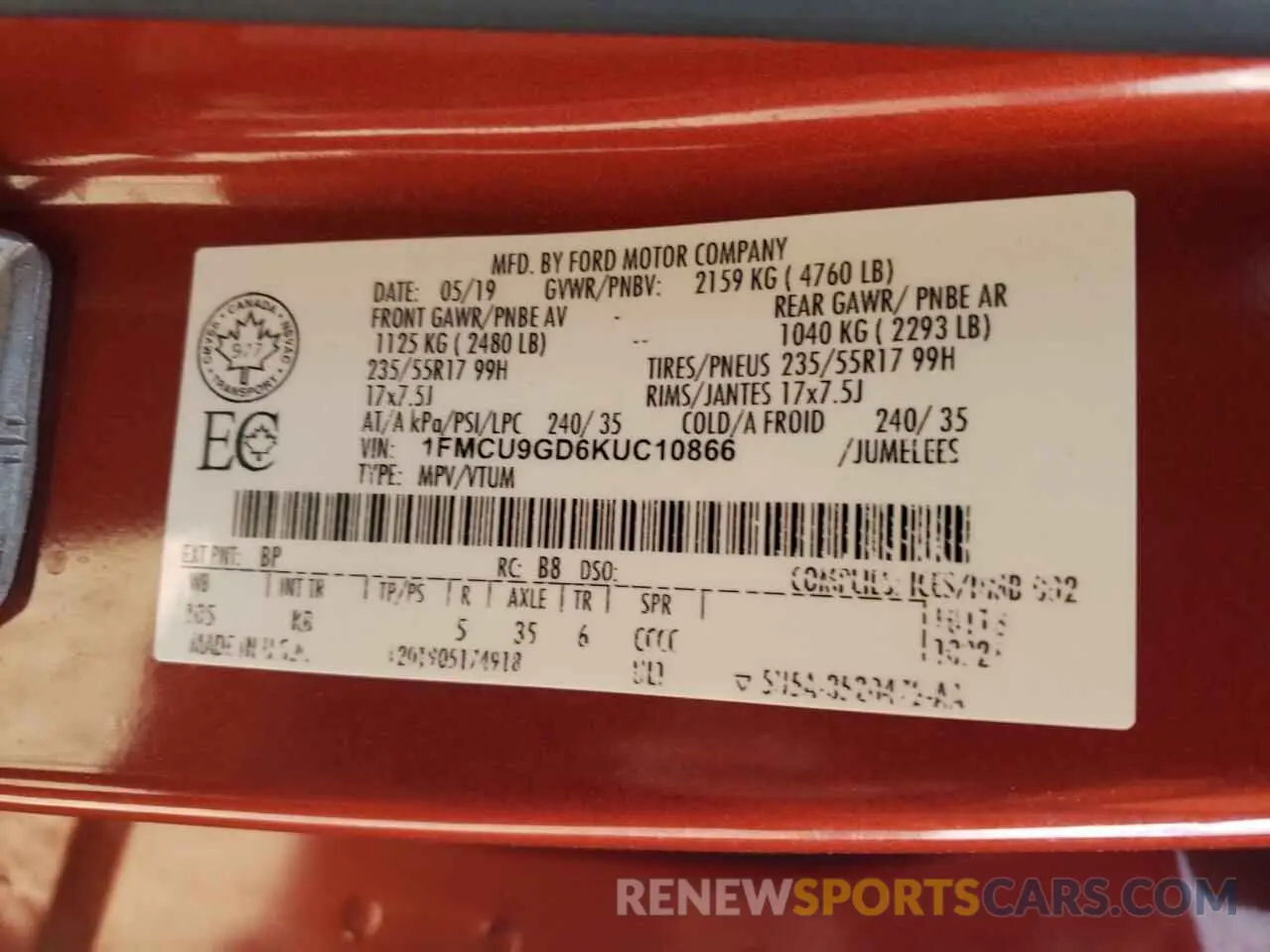 14 Photograph of a damaged car 1FMCU9GD6KUC10866 FORD ESCAPE 2019