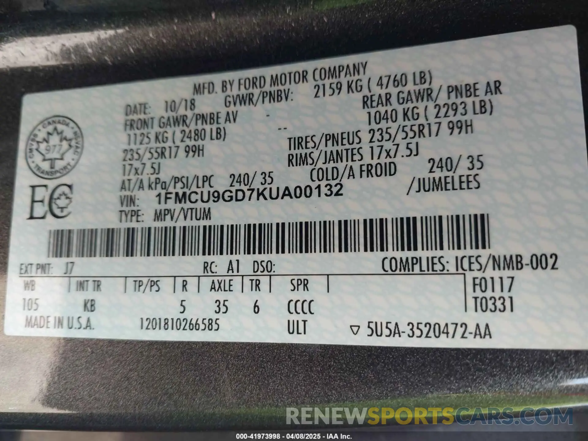 9 Photograph of a damaged car 1FMCU9GD7KUA00132 FORD ESCAPE 2019