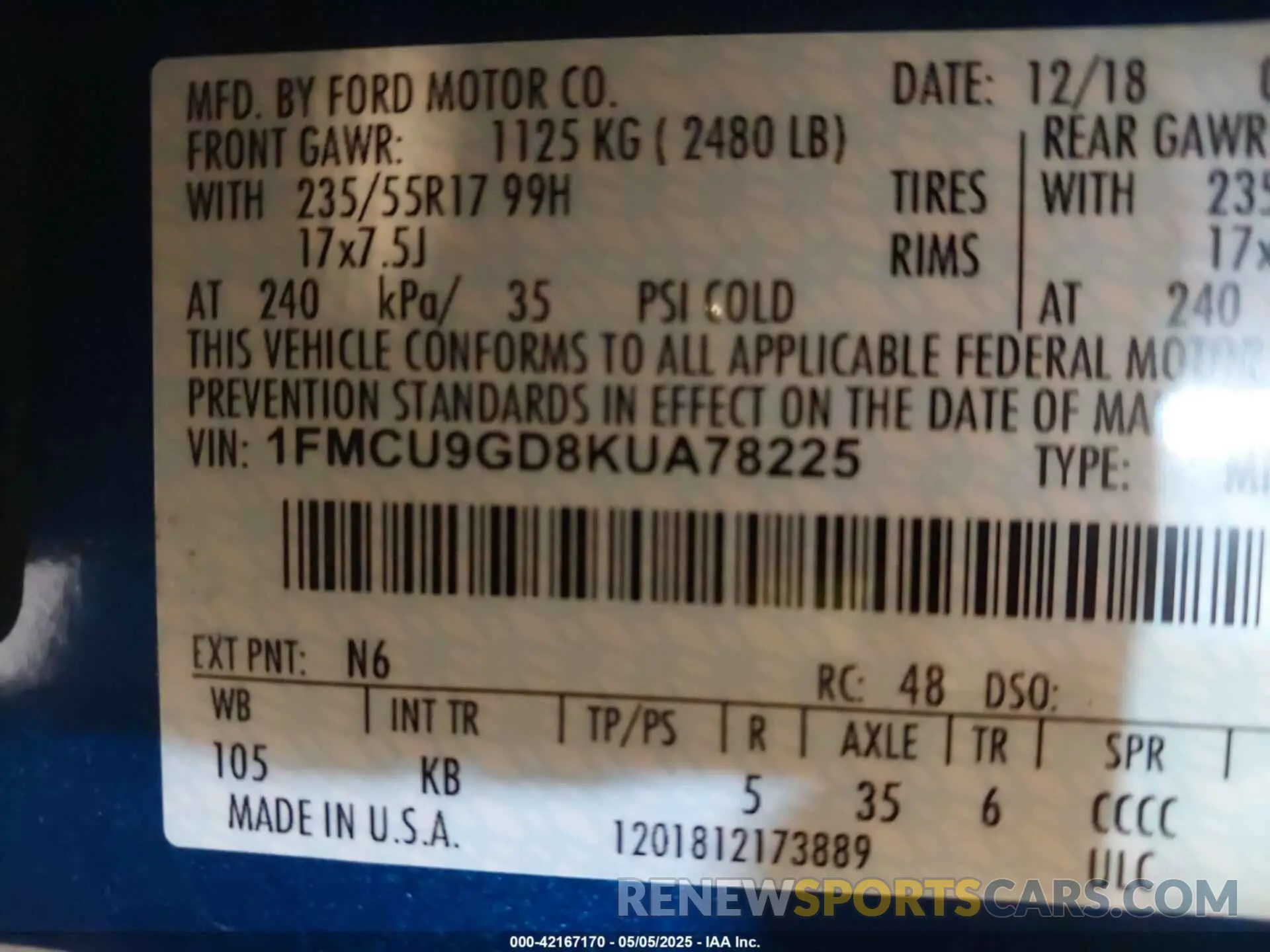 9 Фотография поврежденного автомобиля 1FMCU9GD8KUA78225 FORD ESCAPE 2019