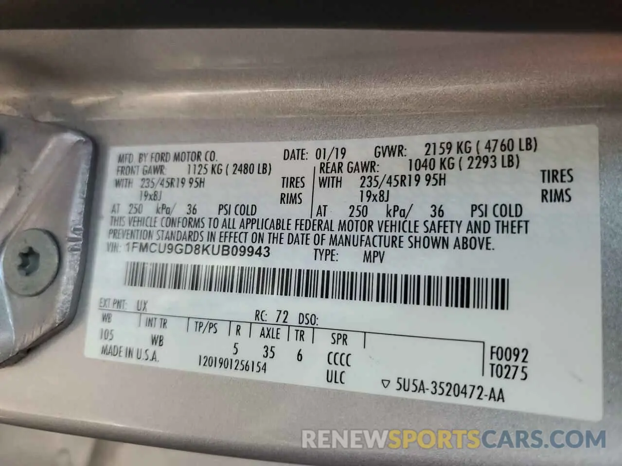 13 Photograph of a damaged car 1FMCU9GD8KUB09943 FORD ESCAPE 2019