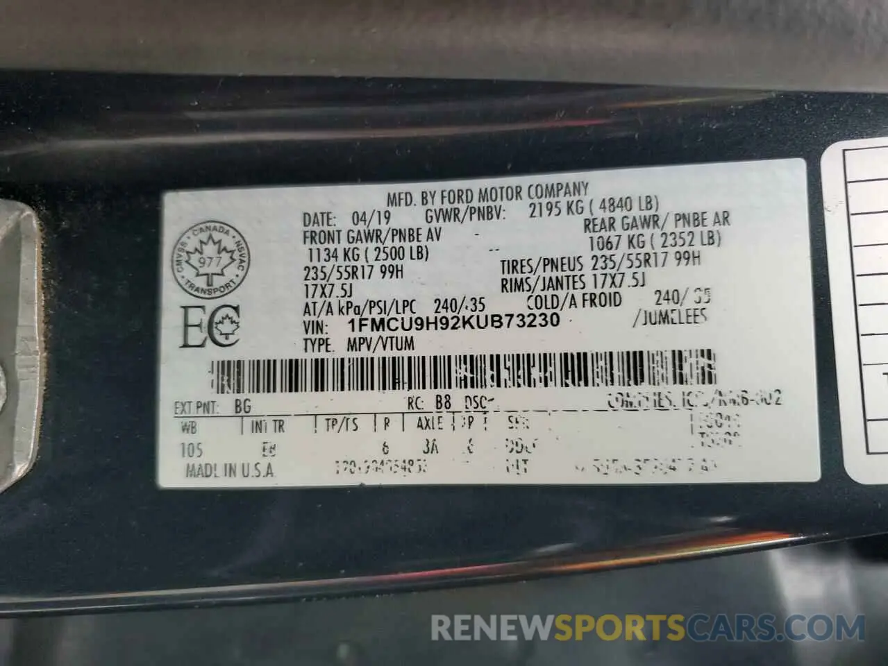 14 Фотография поврежденного автомобиля 1FMCU9H92KUB73230 FORD ESCAPE 2019