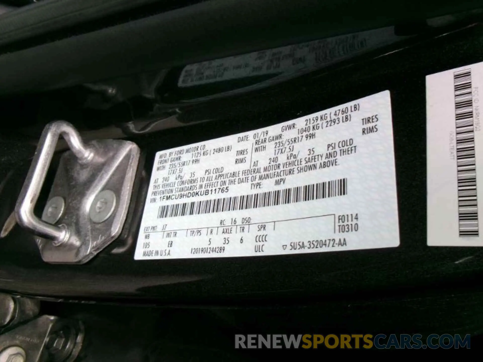 11 Photograph of a damaged car 1FMCU9HD0KUB11765 FORD ESCAPE 2019