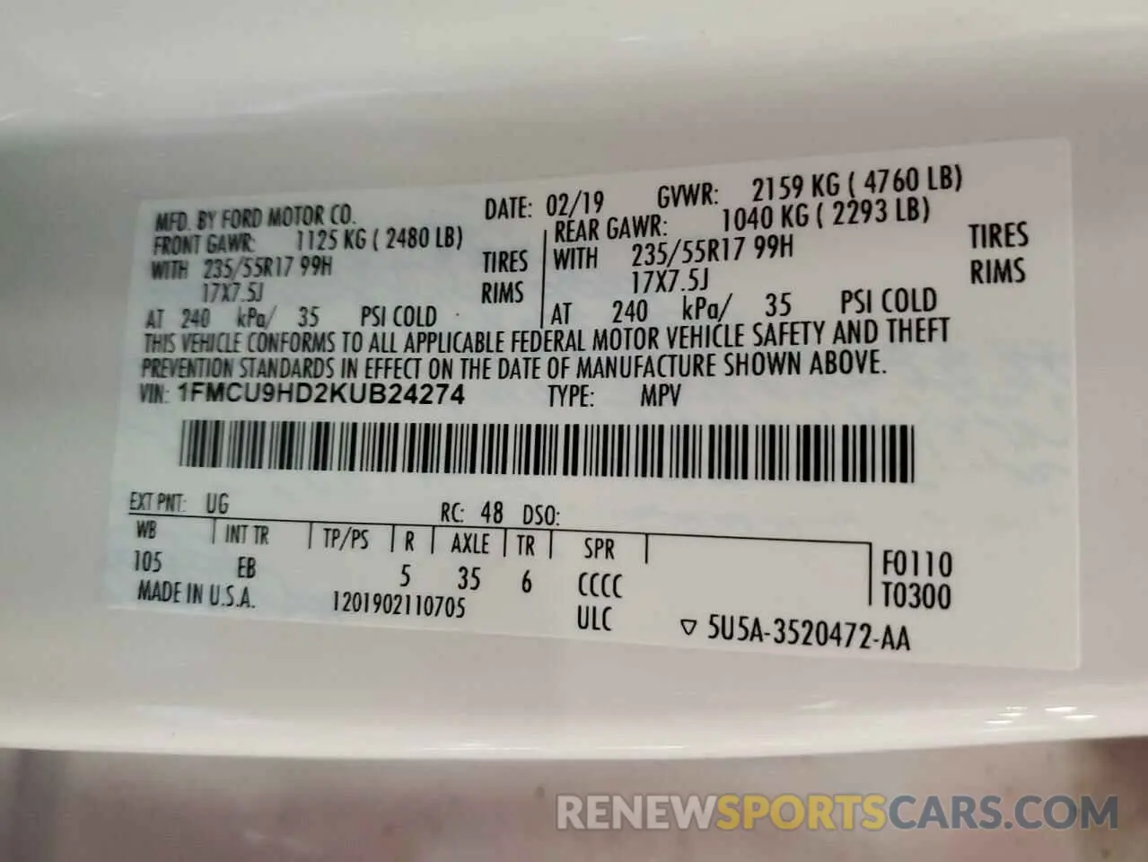 13 Photograph of a damaged car 1FMCU9HD2KUB24274 FORD ESCAPE 2019