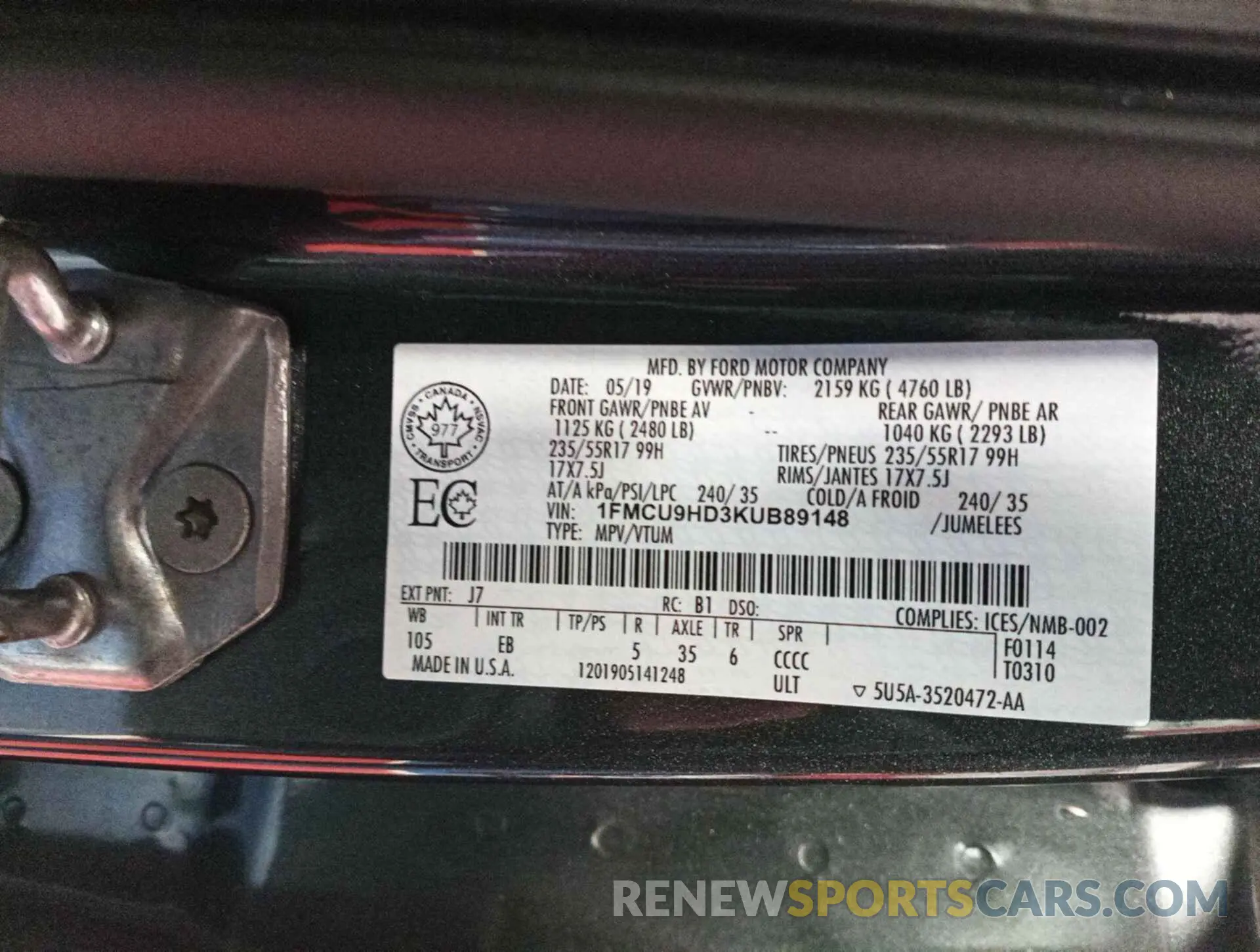 20 Photograph of a damaged car 1FMCU9HD3KUB89148 FORD ESCAPE 2019