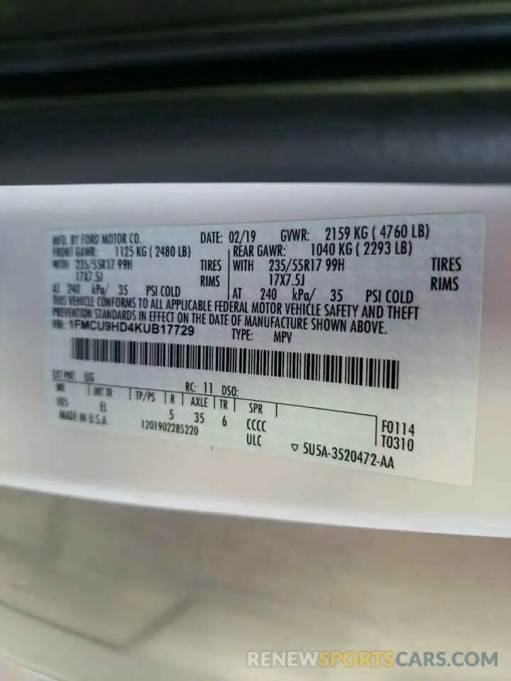 15 Photograph of a damaged car 1FMCU9HD4KUB17729 FORD ESCAPE 2019