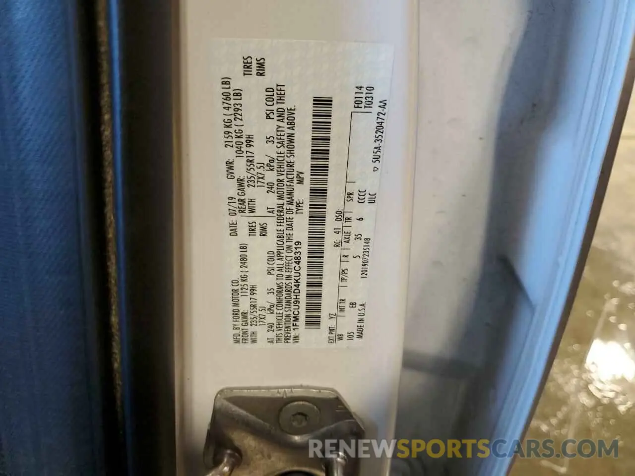12 Photograph of a damaged car 1FMCU9HD4KUC48319 FORD ESCAPE 2019