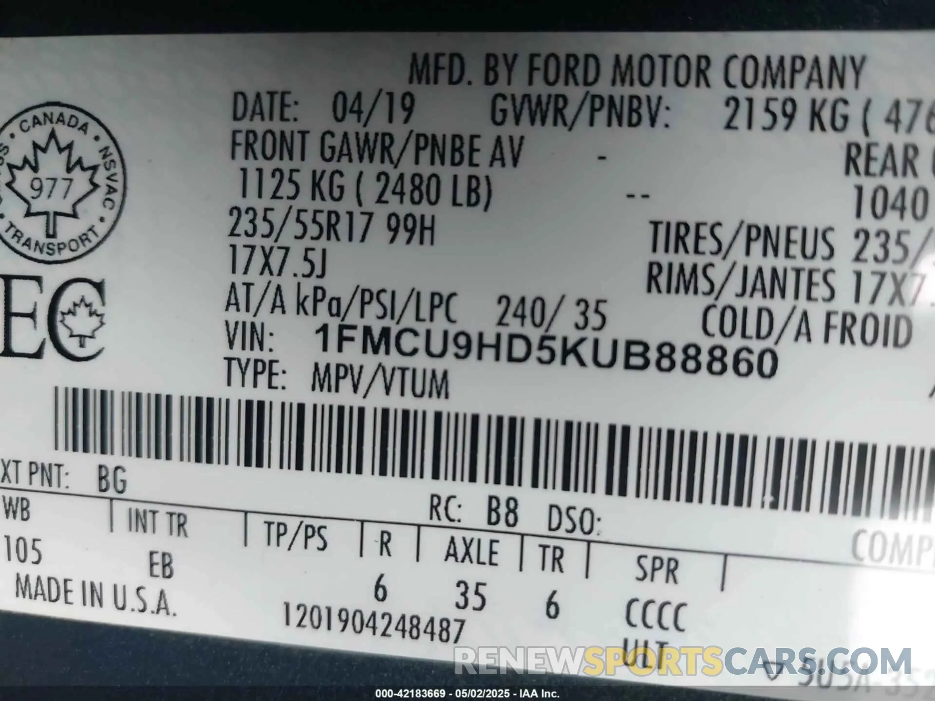9 Photograph of a damaged car 1FMCU9HD5KUB88860 FORD ESCAPE 2019