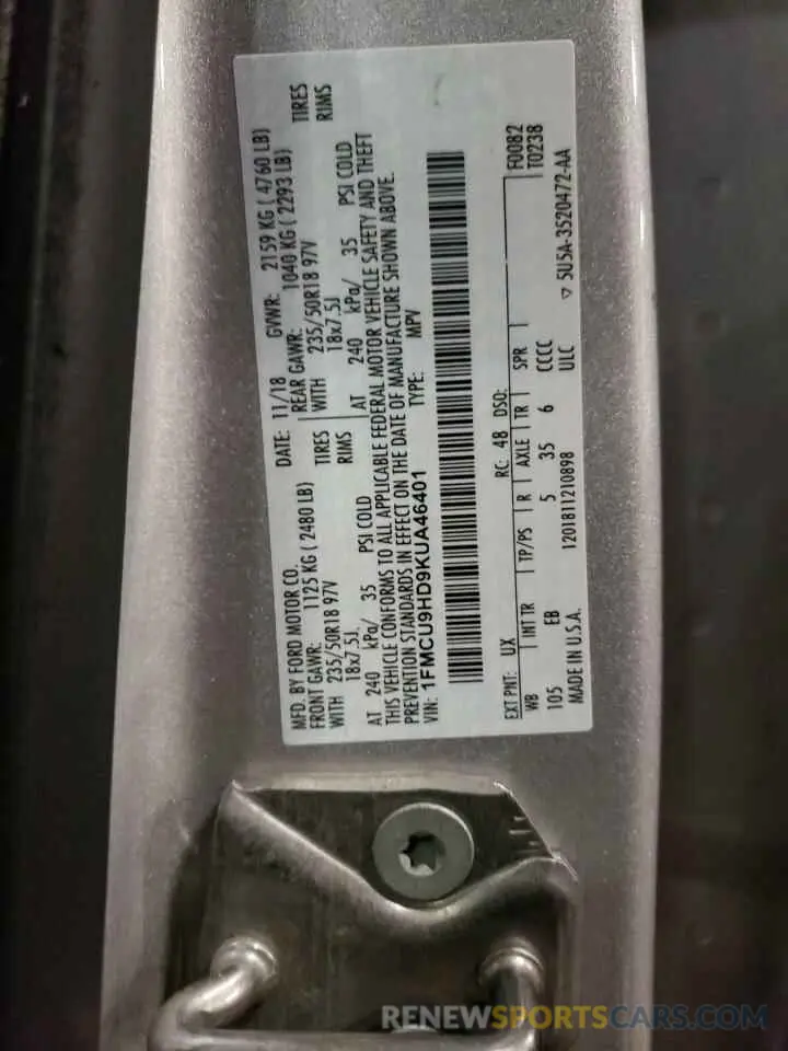 13 Photograph of a damaged car 1FMCU9HD9KUA46401 FORD ESCAPE 2019