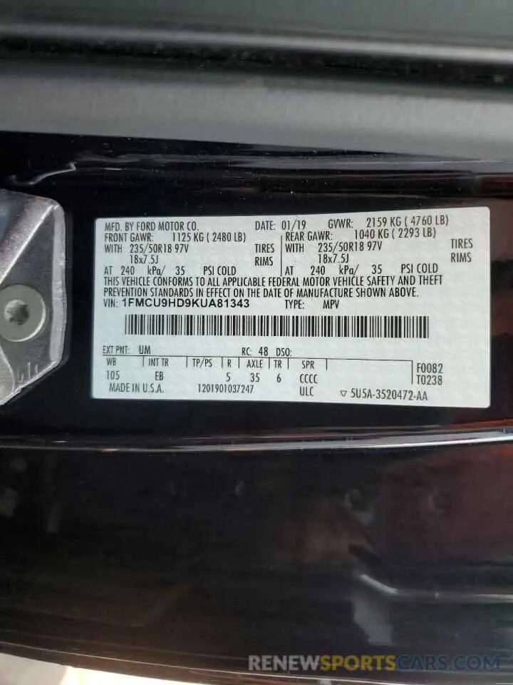 13 Photograph of a damaged car 1FMCU9HD9KUA81343 FORD ESCAPE 2019