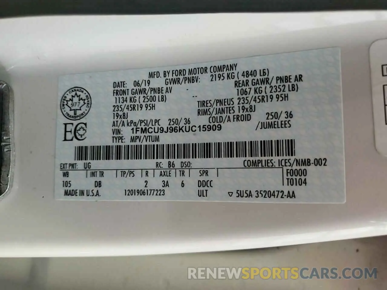 15 Photograph of a damaged car 1FMCU9J96KUC15909 FORD ESCAPE 2019