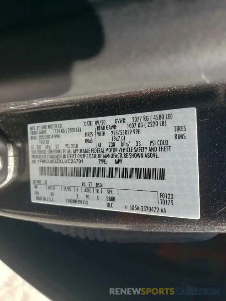 13 Photograph of a damaged car 1FMCU0DZXLUC23701 FORD ESCAPE 2020