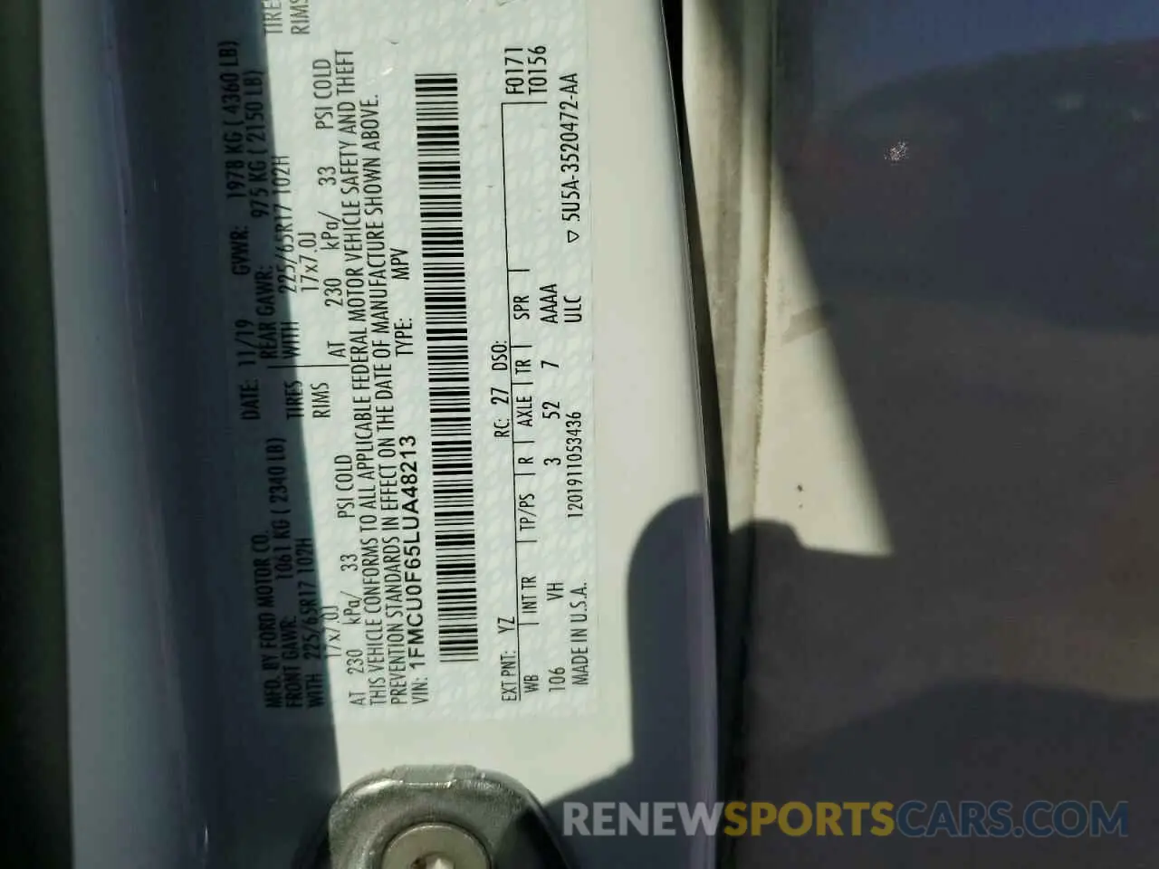 13 Photograph of a damaged car 1FMCU0F65LUA48213 FORD ESCAPE 2020