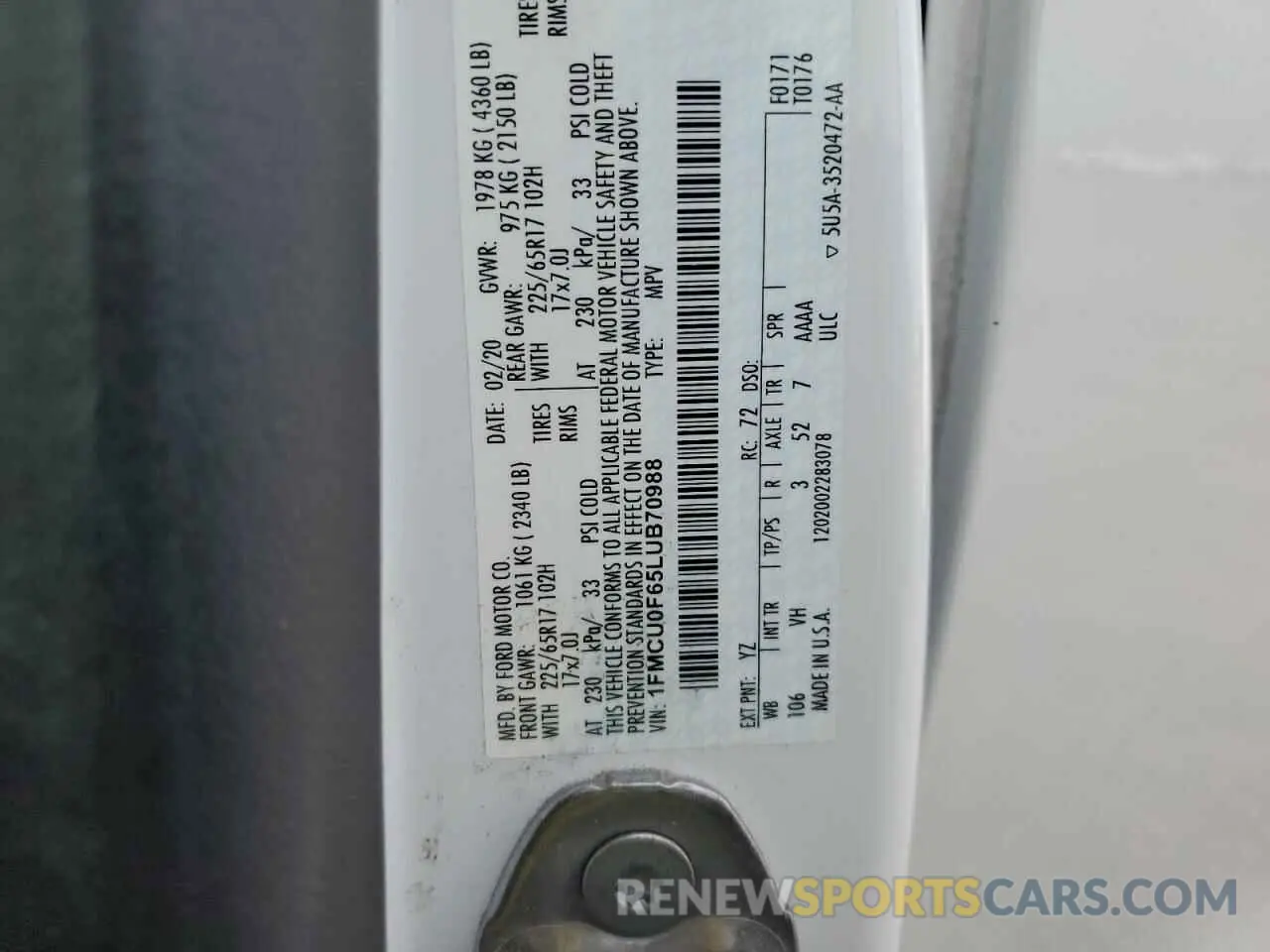 12 Фотография поврежденного автомобиля 1FMCU0F65LUB70988 FORD ESCAPE 2020