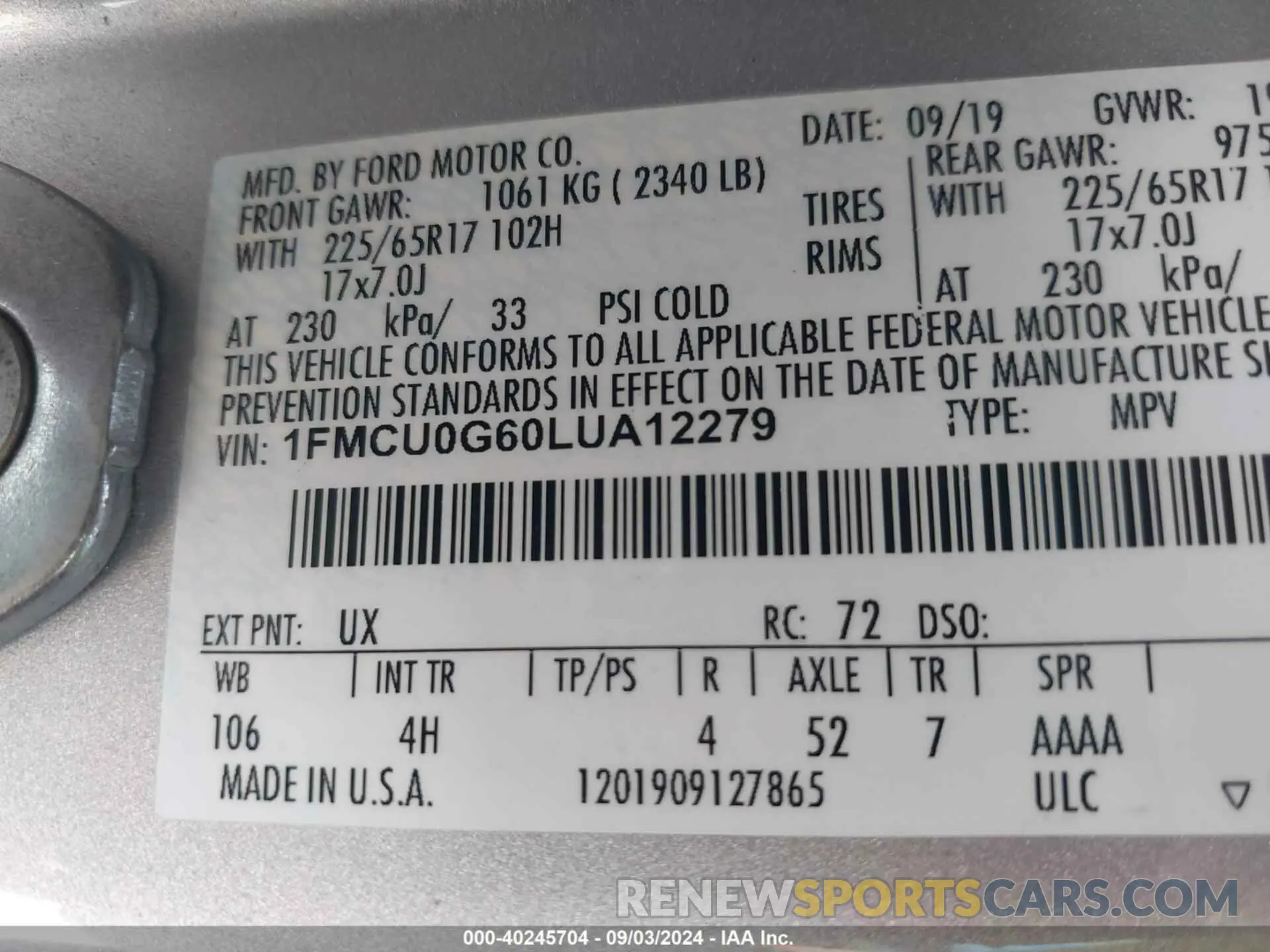9 Photograph of a damaged car 1FMCU0G60LUA12279 FORD ESCAPE 2020