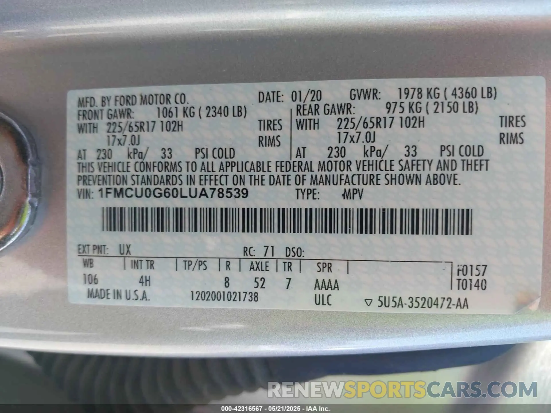 9 Photograph of a damaged car 1FMCU0G60LUA78539 FORD ESCAPE 2020