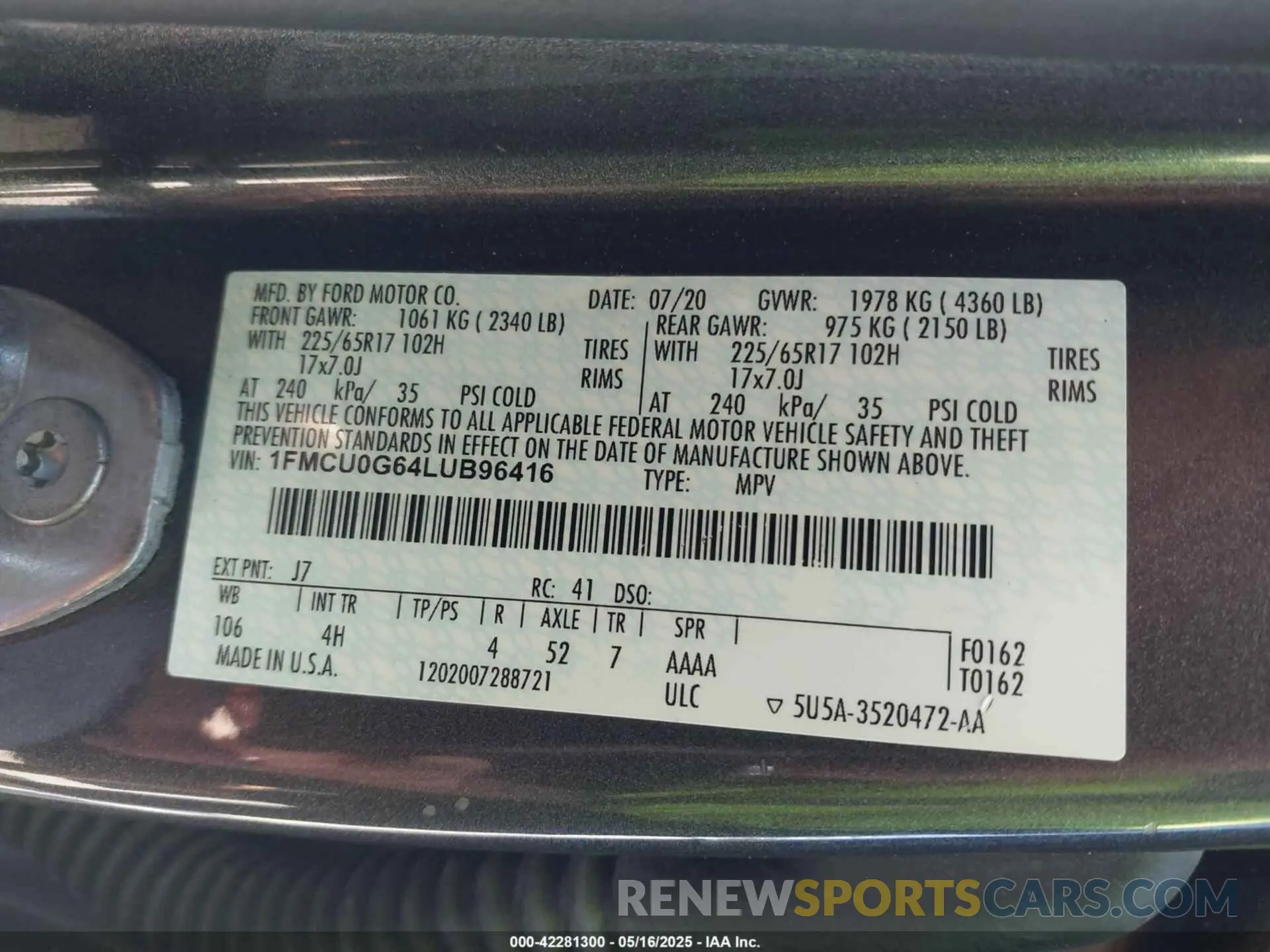 9 Фотография поврежденного автомобиля 1FMCU0G64LUB96416 FORD ESCAPE 2020