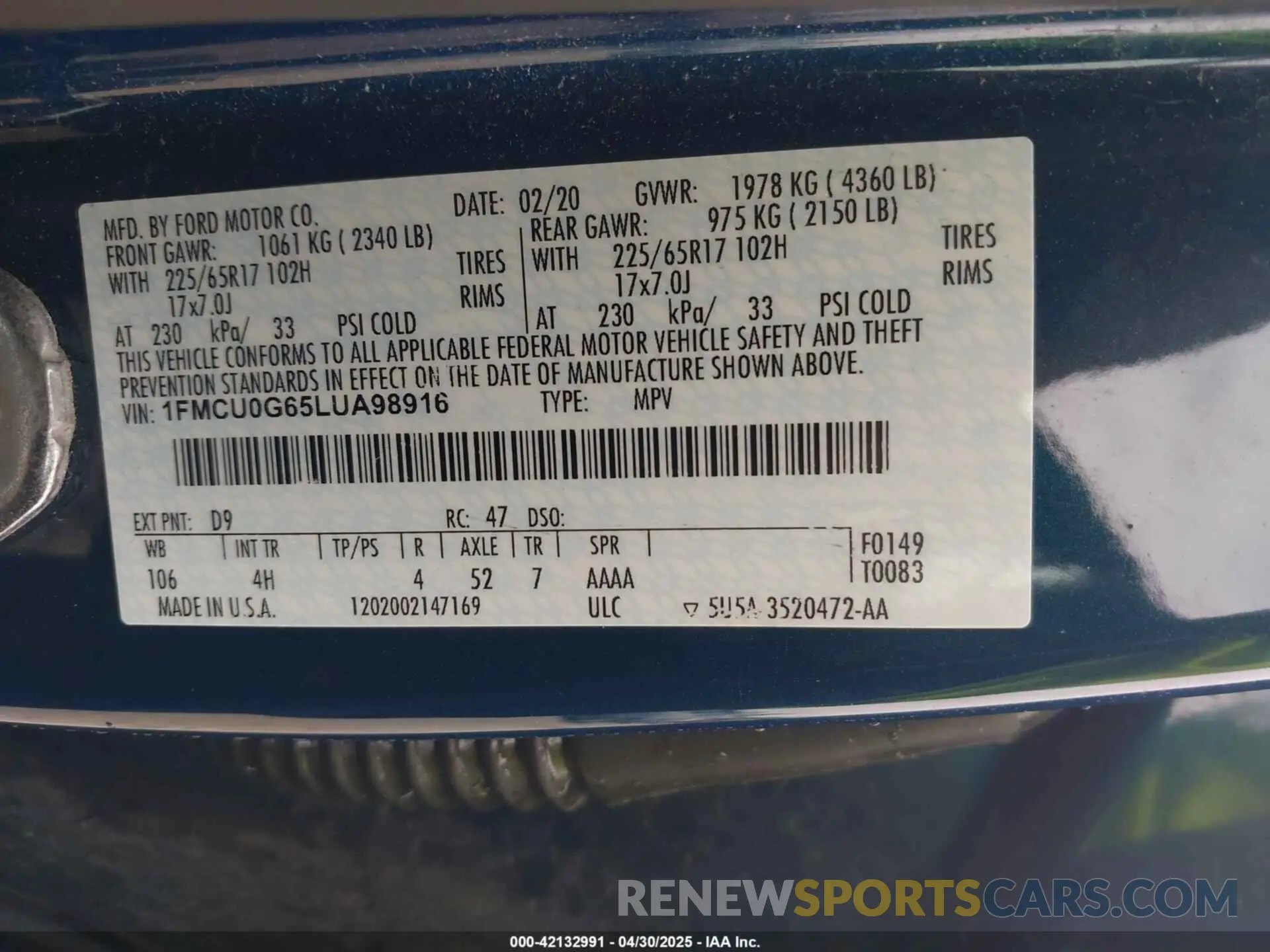 9 Фотография поврежденного автомобиля 1FMCU0G65LUA98916 FORD ESCAPE 2020