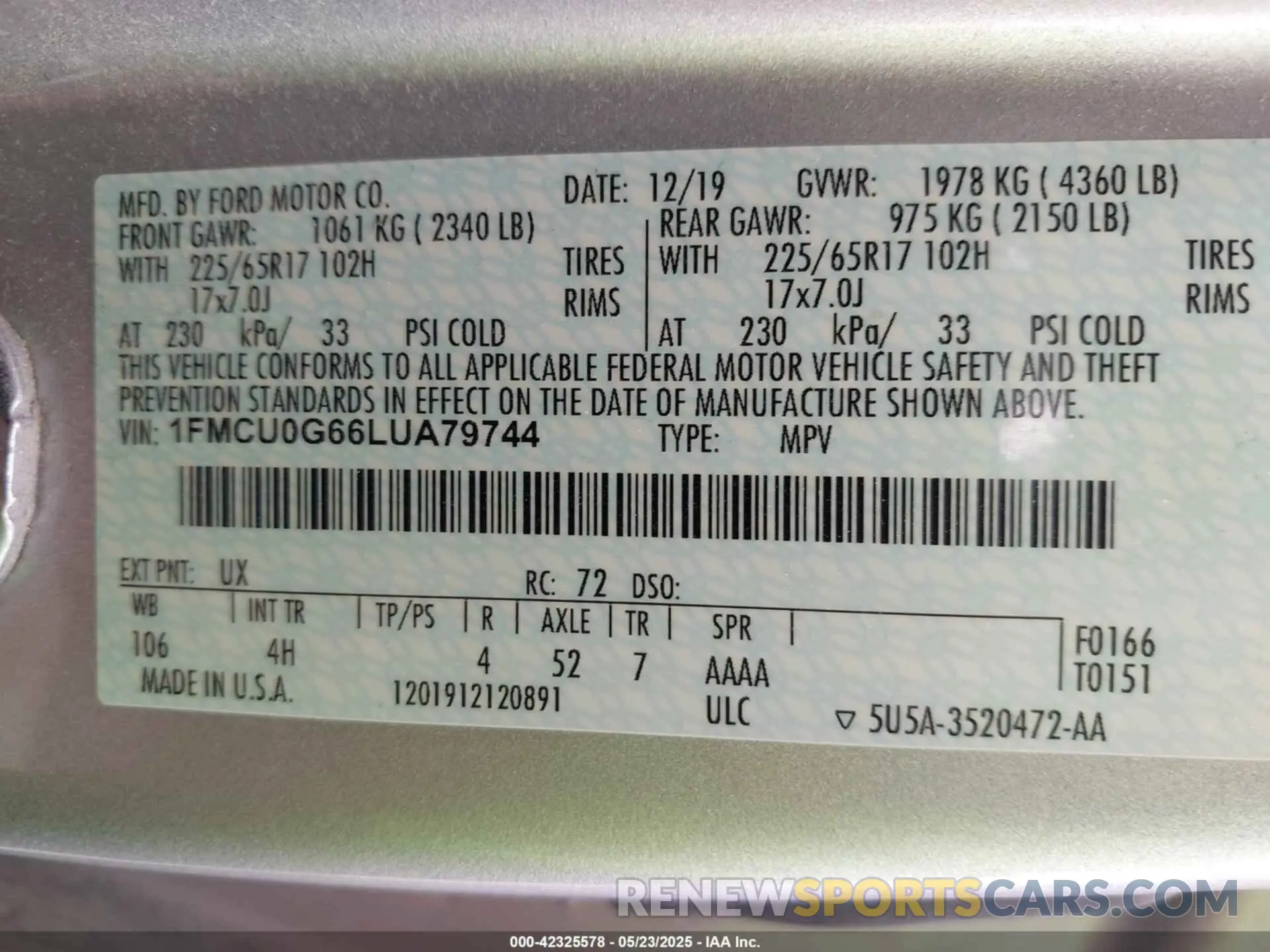 9 Фотография поврежденного автомобиля 1FMCU0G66LUA79744 FORD ESCAPE 2020