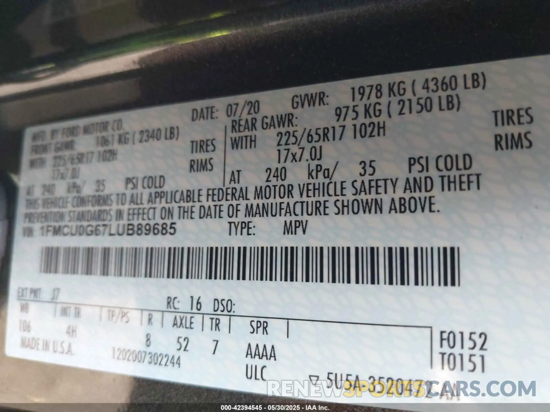 9 Фотография поврежденного автомобиля 1FMCU0G67LUB89685 FORD ESCAPE 2020