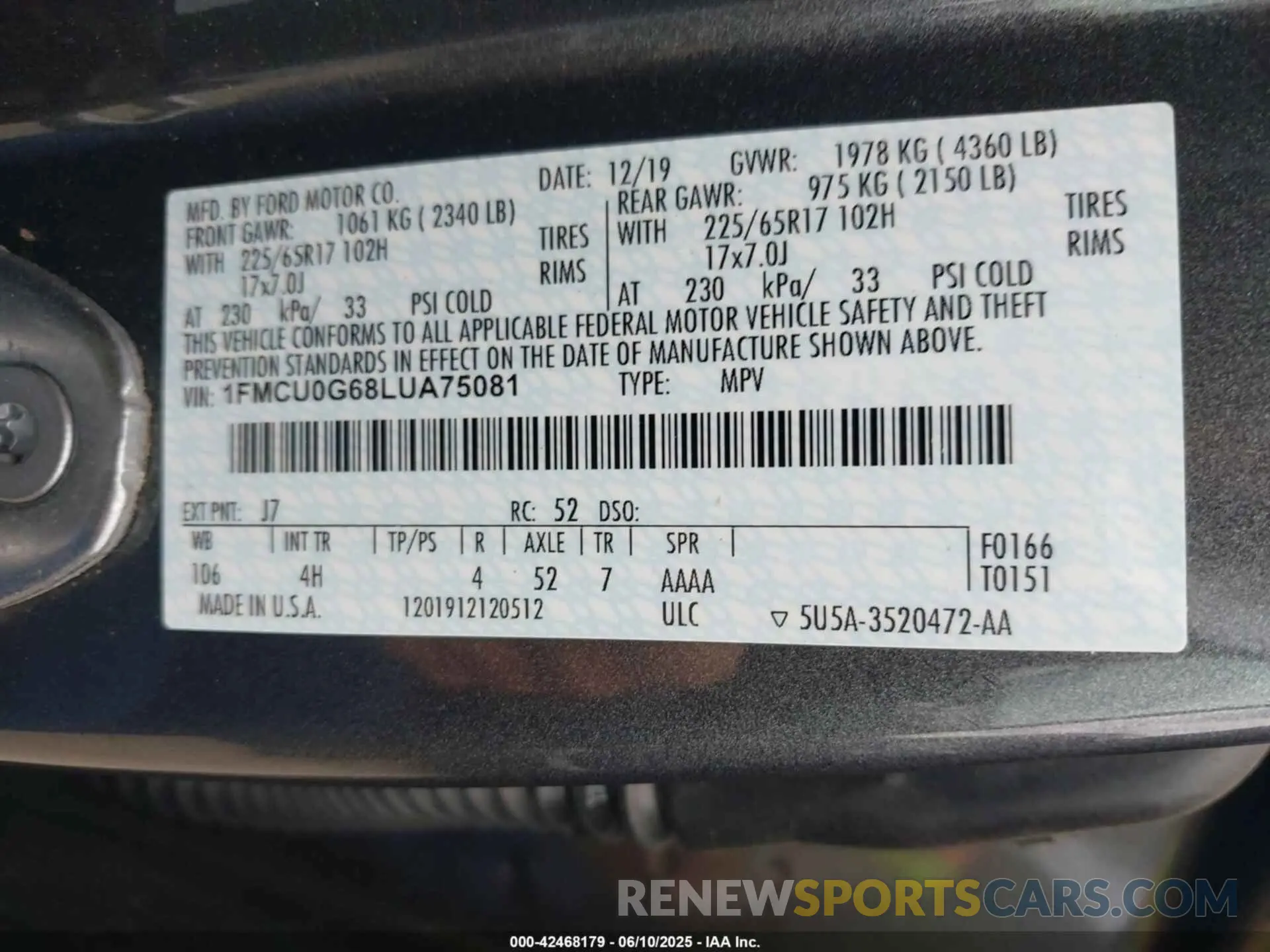 9 Фотография поврежденного автомобиля 1FMCU0G68LUA75081 FORD ESCAPE 2020