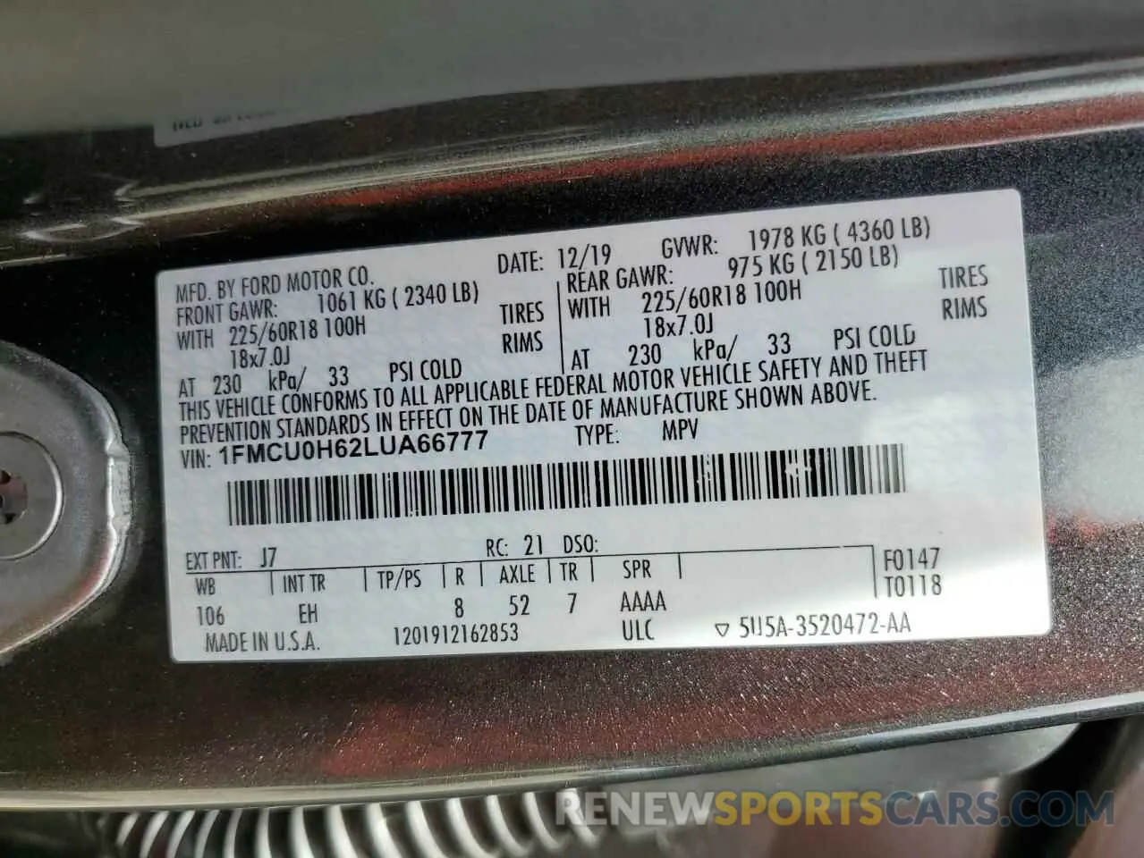 13 Фотография поврежденного автомобиля 1FMCU0H62LUA66777 FORD ESCAPE 2020