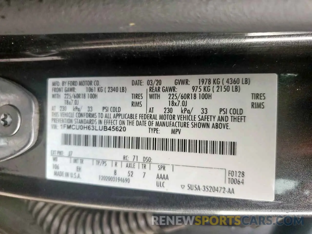 13 Фотография поврежденного автомобиля 1FMCU0H63LUB45620 FORD ESCAPE 2020