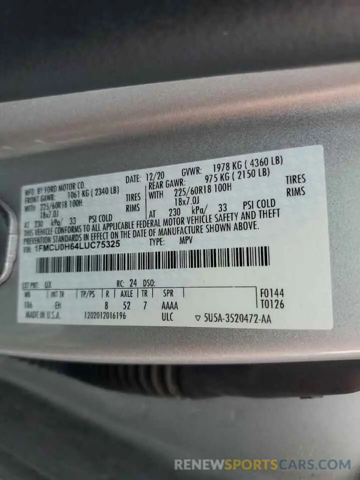 14 Фотография поврежденного автомобиля 1FMCU0H64LUC75325 FORD ESCAPE 2020