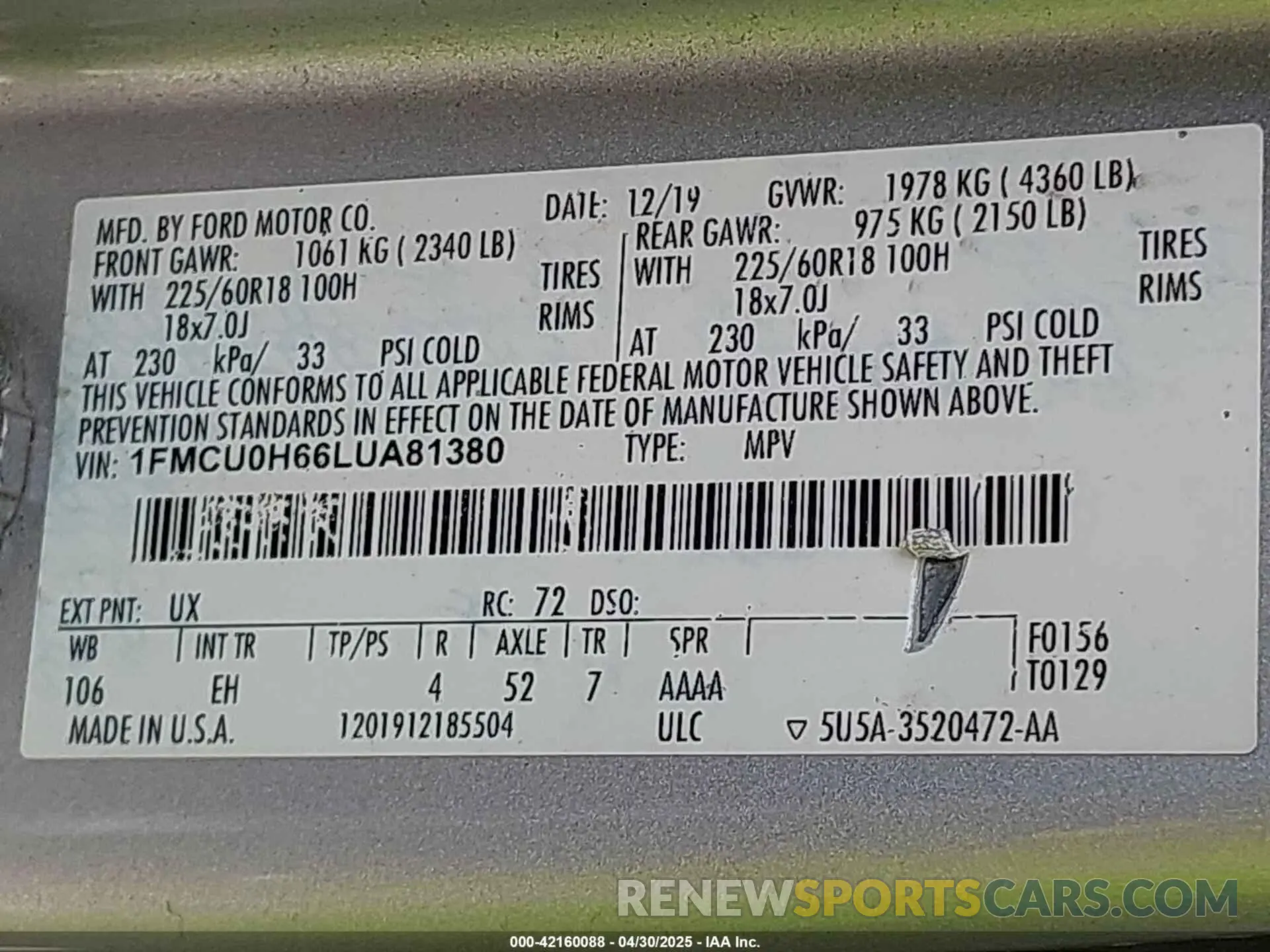 9 Фотография поврежденного автомобиля 1FMCU0H66LUA81380 FORD ESCAPE 2020