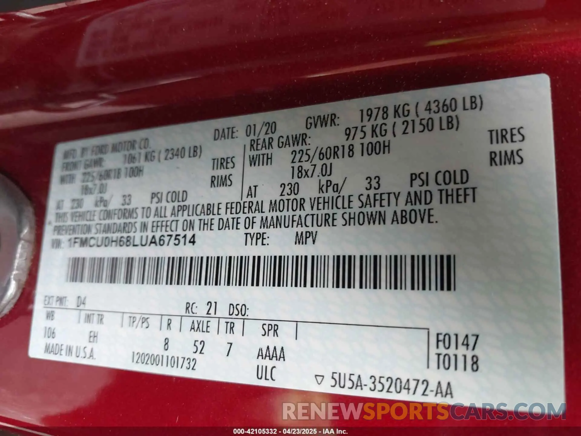 9 Фотография поврежденного автомобиля 1FMCU0H68LUA67514 FORD ESCAPE 2020
