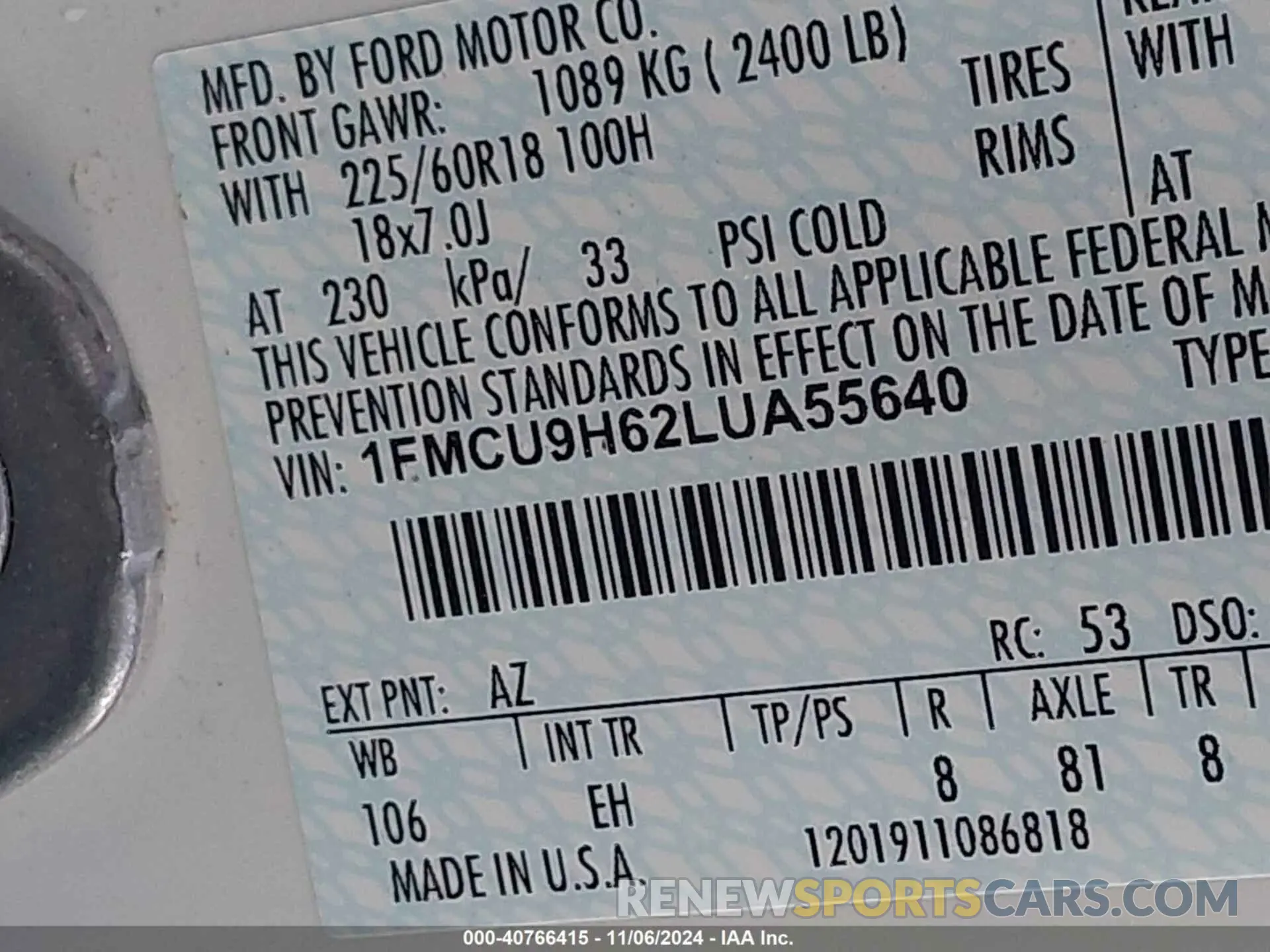 9 Photograph of a damaged car 1FMCU9H62LUA55640 FORD ESCAPE 2020