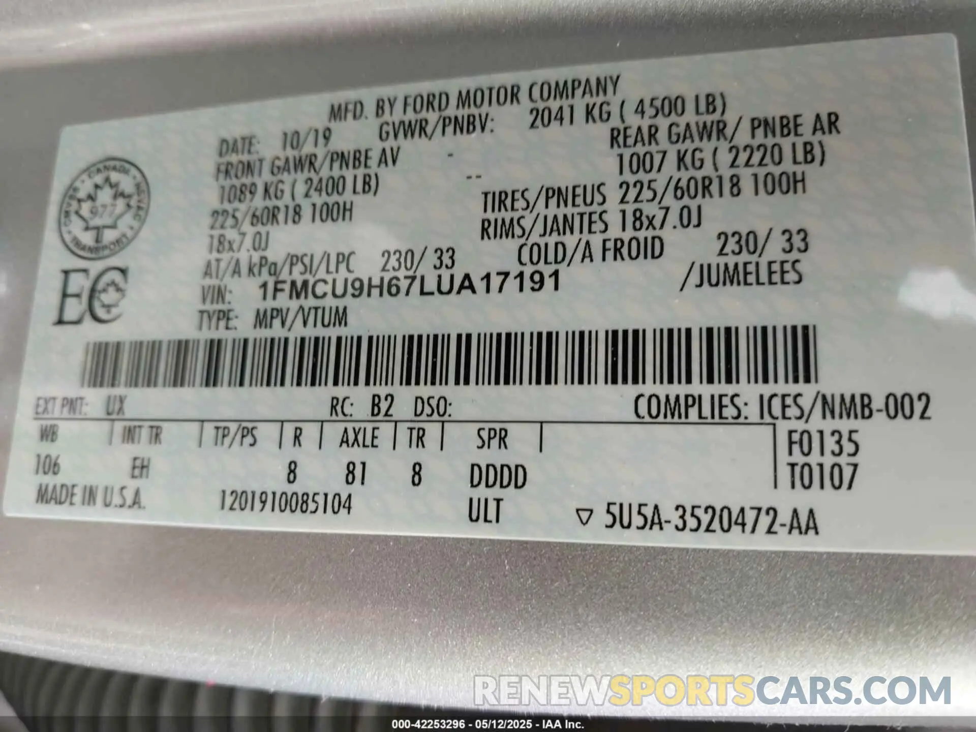 9 Фотография поврежденного автомобиля 1FMCU9H67LUA17191 FORD ESCAPE 2020