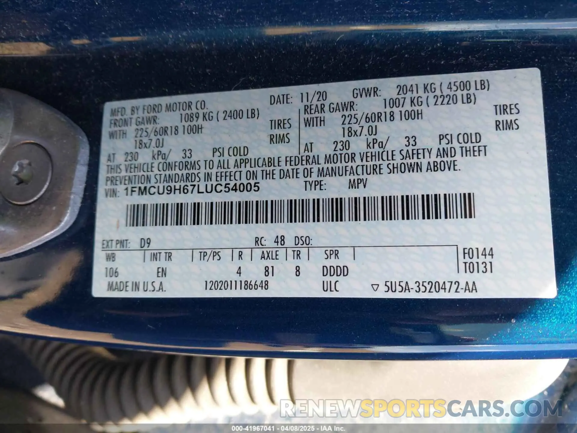 9 Photograph of a damaged car 1FMCU9H67LUC54005 FORD ESCAPE 2020