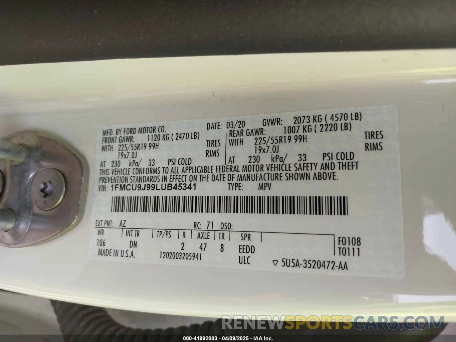 9 Фотография поврежденного автомобиля 1FMCU9J99LUB45341 FORD ESCAPE 2020