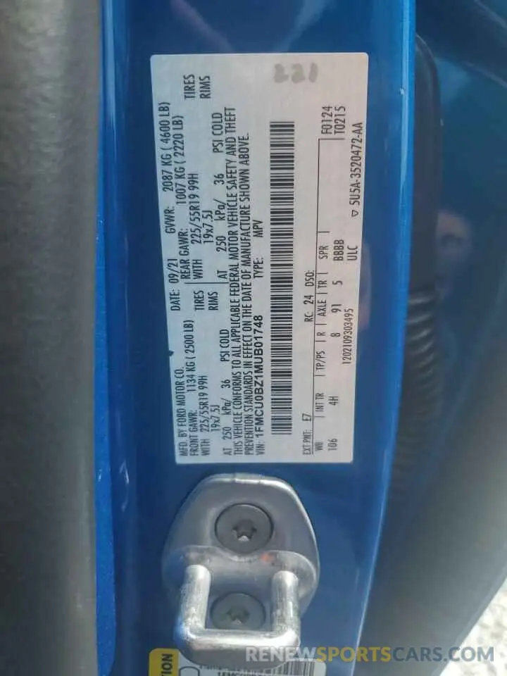 13 Фотография поврежденного автомобиля 1FMCU0BZ1MUB01748 FORD ESCAPE 2021
