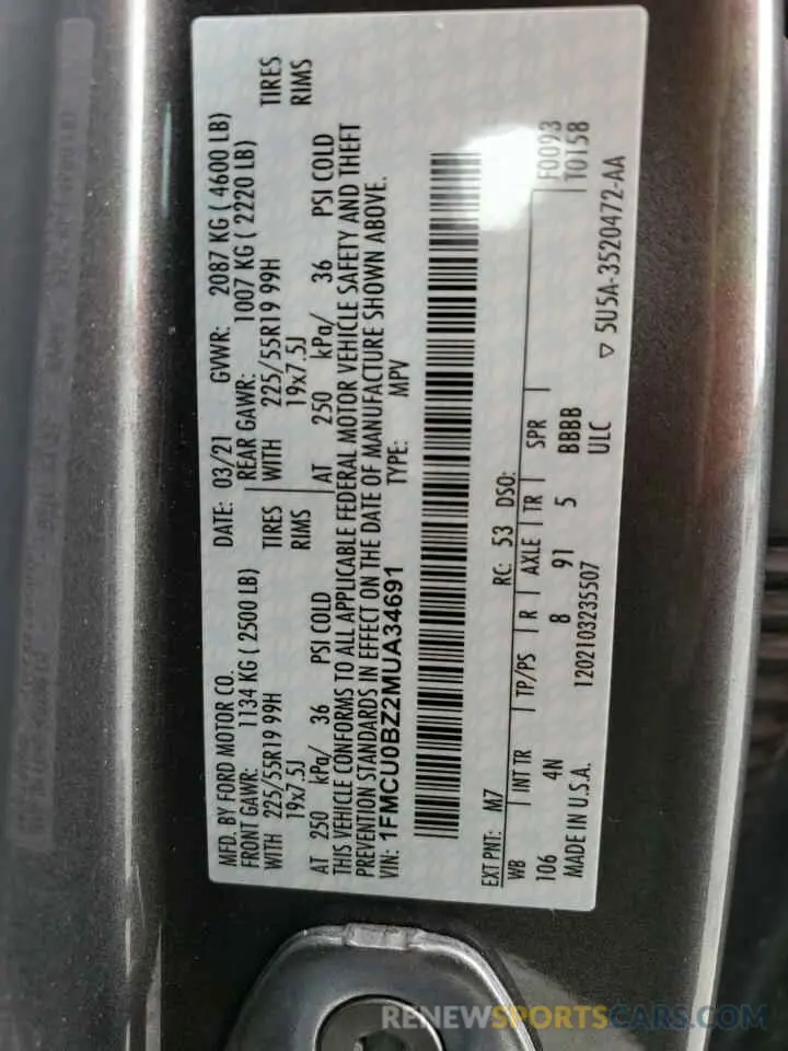 13 Фотография поврежденного автомобиля 1FMCU0BZ2MUA34691 FORD ESCAPE 2021