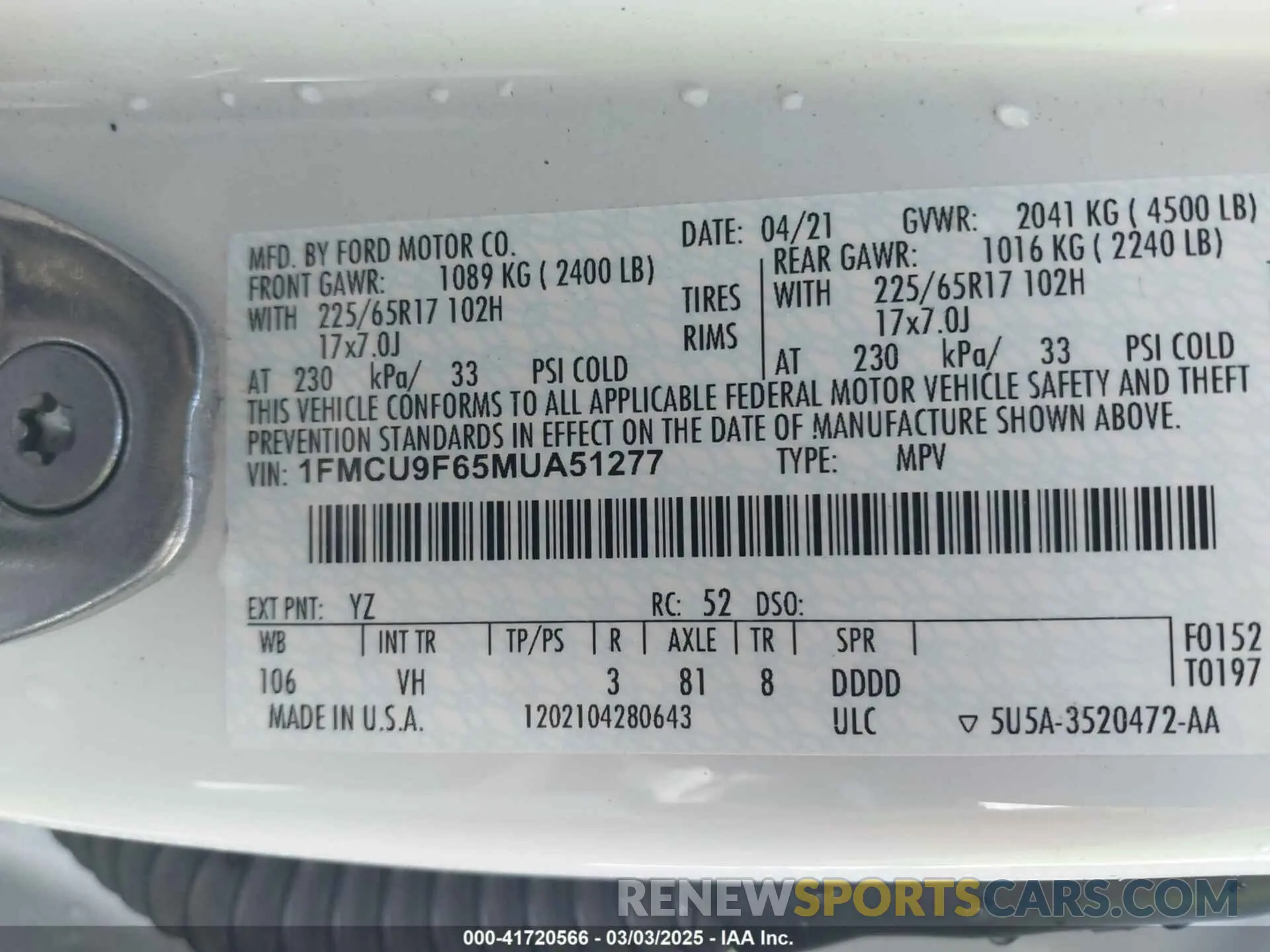 9 Фотография поврежденного автомобиля 1FMCU9F65MUA51277 FORD ESCAPE 2021