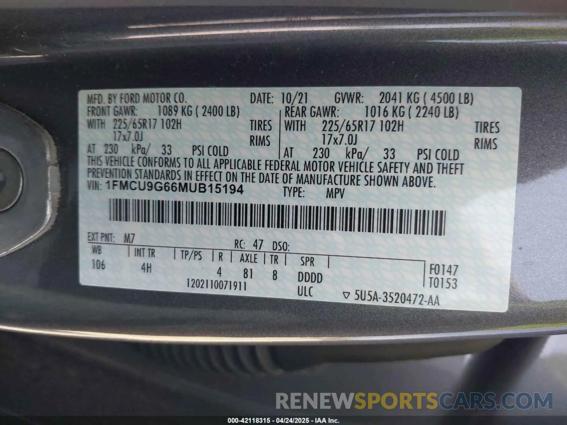 9 Фотография поврежденного автомобиля 1FMCU9G66MUB15194 FORD ESCAPE 2021