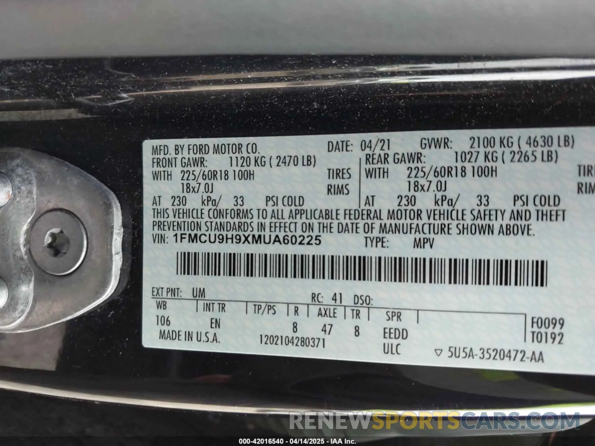 9 Фотография поврежденного автомобиля 1FMCU9H9XMUA60225 FORD ESCAPE 2021