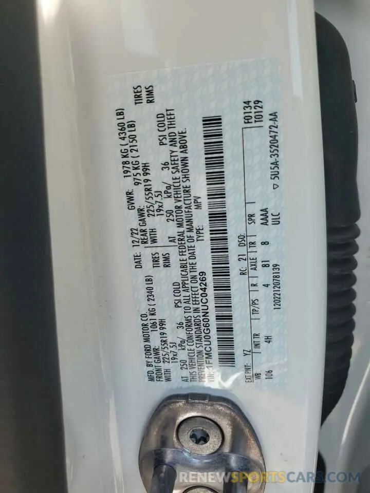 13 Фотография поврежденного автомобиля 1FMCU0G60NUC04269 FORD ESCAPE 2022
