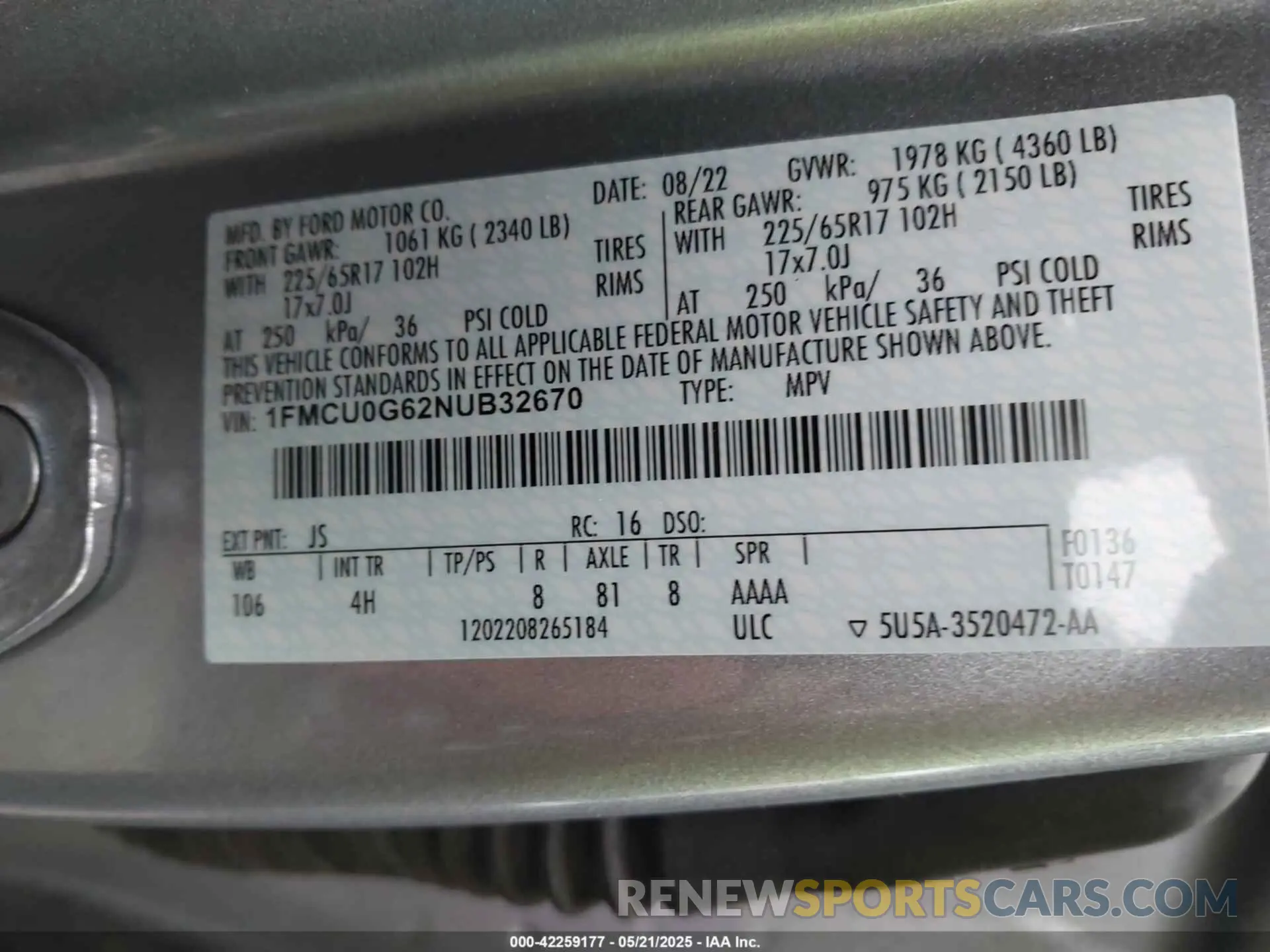 9 Фотография поврежденного автомобиля 1FMCU0G62NUB32670 FORD ESCAPE 2022